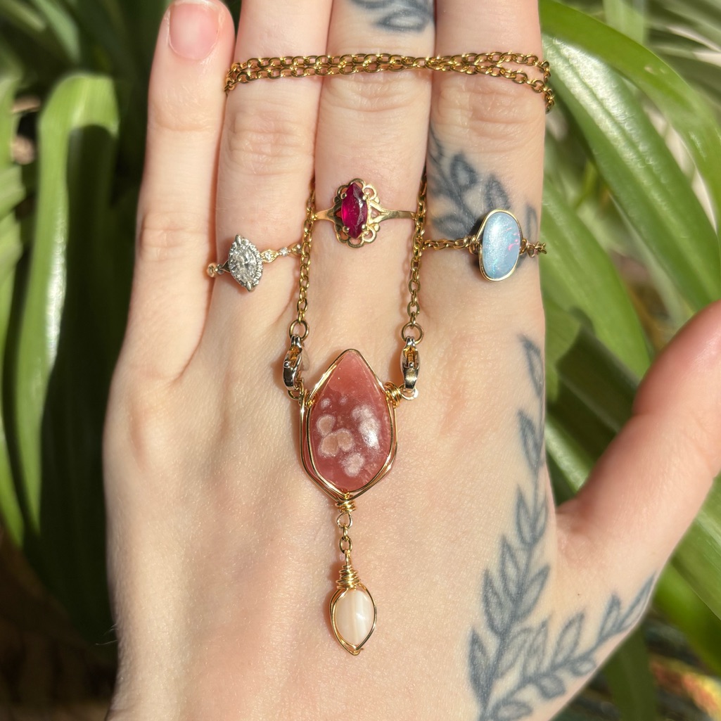 Rhodochrosite And Pearl Double Dangle Interchangeable Necklace